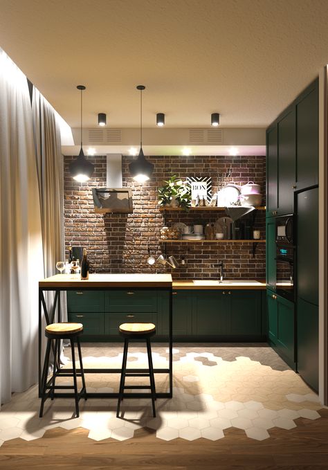 Kitchen Brick Wall, Brick Living Room, Dark Green Kitchen, Urban Kitchen, Brick Kitchen, Decor Ideas Kitchen, Organization Kitchen, Kitchen Decorating, Green Kitchen