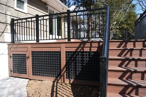 Composite Deck Builder | Trex Deck Pictures | Curved Deck Pictures | PVC Decking | Custom Lattice | Privacy Walls Deck With Lattice Skirting, Lattice Around Deck, Trex Deck Skirting Ideas, Lattice Deck Skirting, Deck Lattice Ideas, Lattice Deck, Under Deck Storage, Curved Deck, Deck Skirting