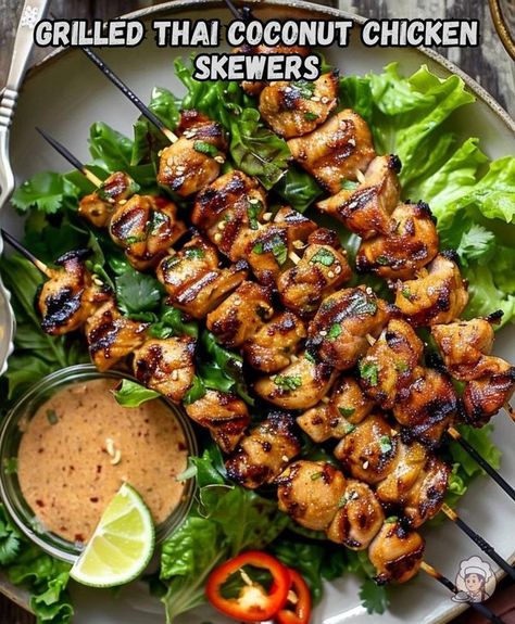 Grandma's Tasty Recipes Grilled Thai Coconut Chicken Skewers, Thai Coconut Chicken Skewers, Coconut Chicken Skewers, Perfect Grilled Chicken, Thai Coconut Chicken, Grilled Recipes, Chicken Skewer Recipe, Grilled Chicken Skewers, Shish Kabobs