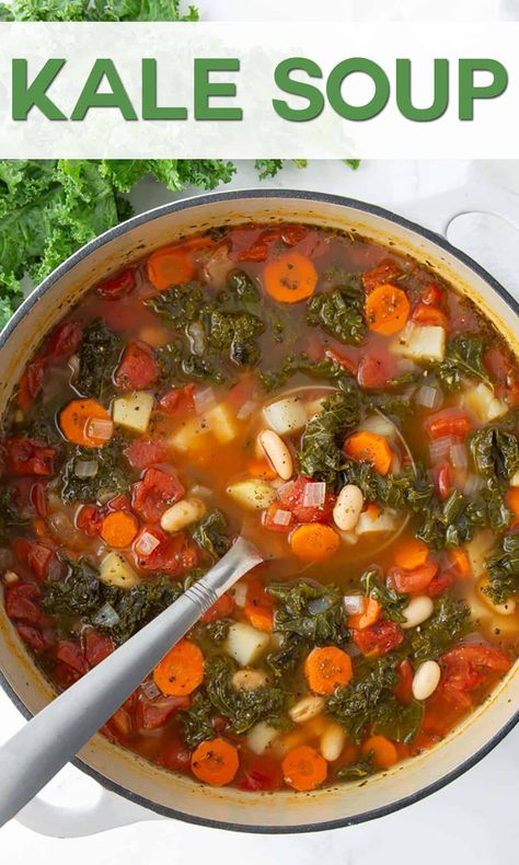 A hearty, wholesome and satisfying vegetarian soup full of fresh kale, white beans, potatoes and carrots in a deliciously seasoned broth. Vegetarian Kale Soup Recipes, Vegetable Kale Soup Recipes, Recipes For Kale Soup, Kale Carrot Soup, Kale And Cabbage Soup, Soup With Kale Recipes, Soups With Kale, Low Cholesterol Soup, Kale Vegetable Soup