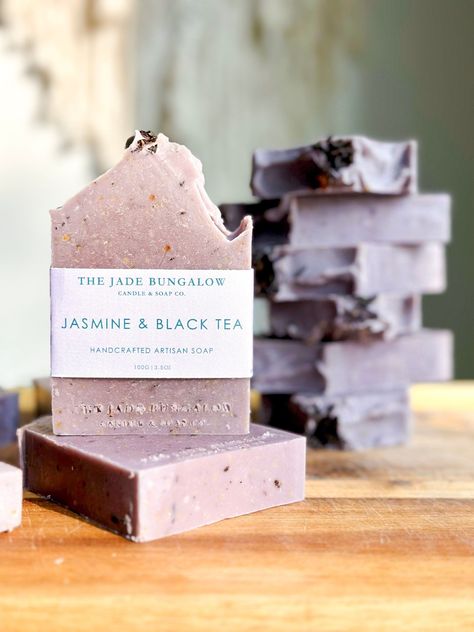 "Our Jasmine & Black Tea Handcrafted Artisan Soap: nourishing botanical bar, creates a relaxing spa-like feel for hand & body. A fragrant blend of botanicals including jasmine & lilac coupled with black tea & lemon peel for gentle exfoliation. This soap bar smells divine!  Handmade in USA using premium, sustainably sourced ingredients that are good for you & the family.  » SOAP WEIGHT & DIMENSIONS:  *Full Size Soap Bar: 3.5OZ | 100 G | 3.5\" x 3.0\" x 0.80\" *Half Size Soap Bar: 1.8OZ | 50 G | 3 Artisan Soap Photography, Fancy Soap Packaging, Soap Product Photography, Natural Face Soap, Feminine Soap, Soap Packaging Ideas, Soap Business, Dessert Soap, Vanilla Soap