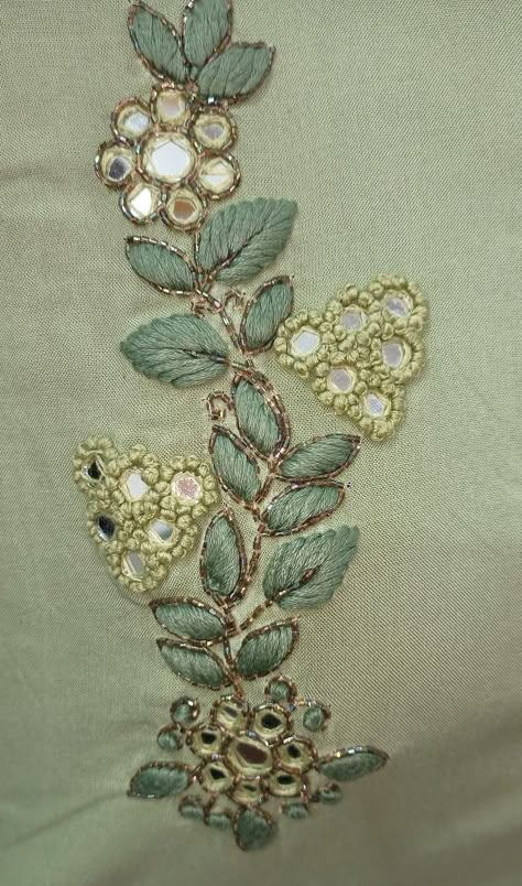 Embroidery Designs On Printed Suits, Mirror Embroidery Design Dresses, Neckline Work Designs, Mirror Work Butta Design, Adda Work Embroidery Design, Mirror Embroidery Motifs, Mirror Embroidery Design Pattern, Latest Mirror Work Dresses, Latest Embroidery Designs For Blouses