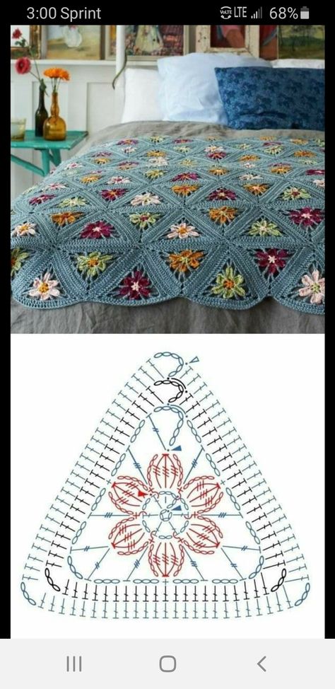 Pattern by marifu6a Crochet Triangle Pattern, Motifs Afghans, Virkning Diagram, Granny Square Haken, Crochet Bedspread Pattern, Crochet Blanket Designs, Pola Amigurumi, Crochet Motif Patterns, Easy Crochet Blanket