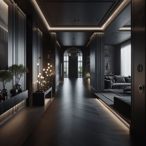 Luxury Hallway Ideas, Dark Modern Entryway, Mafia House Interior, Dark Mansion Interior, Black Modern Mansion, Dark Modern House Interiors, Dark House Interior, Taekook Fanfiction, Dark Home Interior