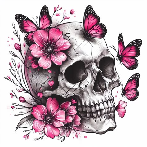 Skulls With Butterflies, Flower And Skull Tattoos, Skull And Flowers Tattoo Design, Skull Tattoos For Women, Skull With Butterflies, Pretty Skull Tattoos, Girly Skull Tattoos, Sugar Skull Art Drawing, Calf Tattoo Ideas