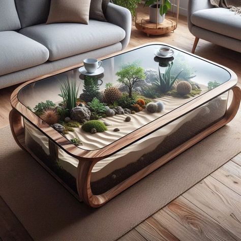 Terrarium Decor Ideas, Terrarium Table, Rustic Tables, Epoxy Coffee Table, Fish Tank Terrarium, Terrarium Decor, Unique Coffee Table, Small Figurines, Driftwood Art