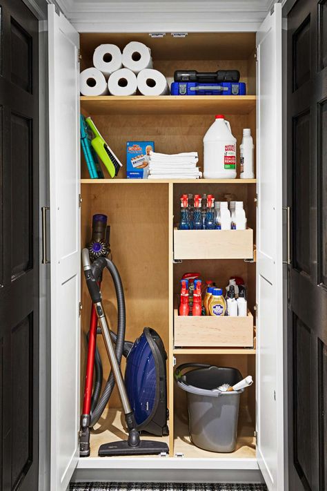 cleaning-supply-storage-cabinet-7F2I9jtsqQsBqQo8ltn-iQ Small Broom Closet, Broom Closet Organization, Organize Shelves, Cubby Storage Bins, Kids Closet Storage, Bathroom Organization Shelves, Houses Decor, Small Bathroom Storage Cabinet, Organization Shelves