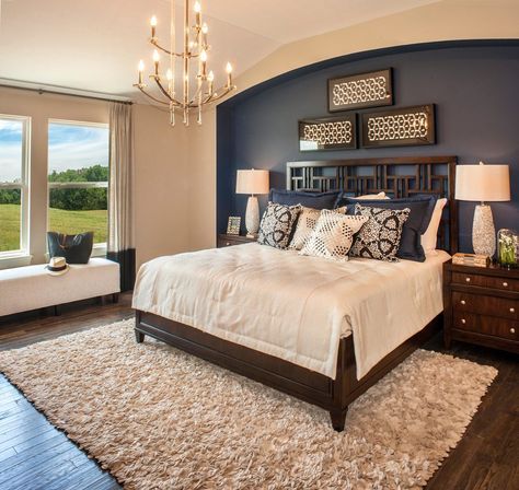 Dark Wood Bedroom Furniture, Dark Wood Bedroom, Dark Wood Bed, Bedroom Decor Dark, Blue Accent Walls, Wood Bedroom Furniture, Bedroom Master, Blue Bedroom, Master Bedrooms Decor