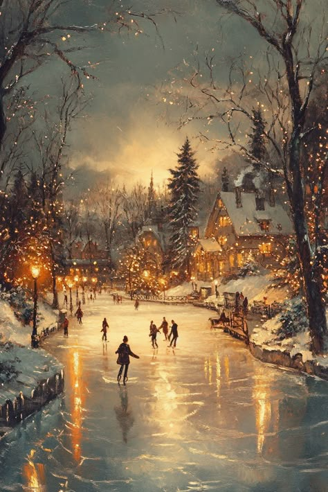 Landscape Wallpaper Aesthetic Vintage, Winter Aesthetic Painting, Winter Scenery Paintings, Christmas Scenes Wonderland Vintage, Thomas Kinkade Wallpaper, Winter Scenery Beautiful, Kincaid Paintings, Cozy Winter Illustration, Snow Christmas Aesthetic