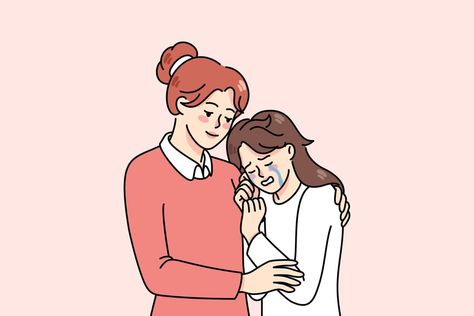 Loving mother hug comfort unhappy crying teen daughter. Caring woman psychologist or therapist embrace caress small girl child show compassion and kindness. Vector illustration. Hug Cartoon, Hugging Drawing, Showing Compassion, Comfort Hug, Hug Illustration, People Hugging, Loving Mother, Small Girl, Teen Daughters