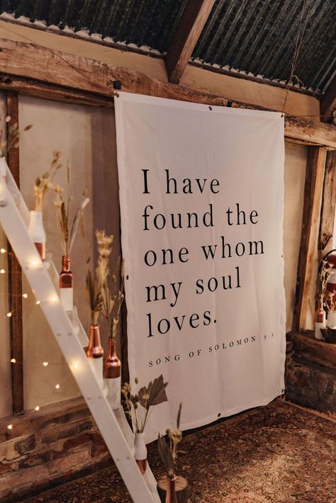 Song of Solomon quote on white poster | The Chamberlins The One Whom My Soul Loves, Wedding Board Inspiration, I Have Found The One Whom My Soul Loves Wedding, Song Of Solomon Wedding Sign, Weddings On The Beach Ideas, Wedding Ideas Glamorous, Elegant Rustic Wedding Ideas Decorations, Found The One Whom My Soul Loves, Wedding Signs Sayings