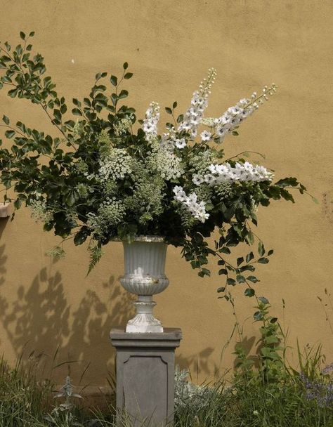 Large Urn Arrangement, Urn Floral Arrangements Wedding, White Urn Arrangement Wedding, Wedding Flower Urns, White Urn Arrangement, Greenery Arrangements Wedding, Wedding Pedestal Flowers, Pedestal Floral Arrangements, Urn Floral Arrangements