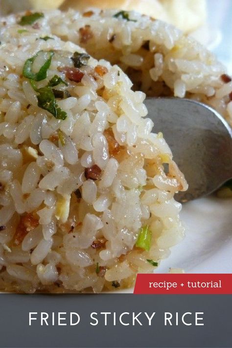 The Best Fried Sticky Rice Recipe | Learn to make Fried Sticky Rice with our recipe and step-by-step tutorial at DimSumCentral.com. Sticky Rice Fried Rice, Filipino Rice Recipes, Sticky Fried Rice, Crispy Rolled Rice Recipe, Recipes With Sticky Rice, Chinese Sticky Rice Recipe, Glutinous Rice Recipe, Vietnamese Sticky Rice, Filipino Sticky Rice