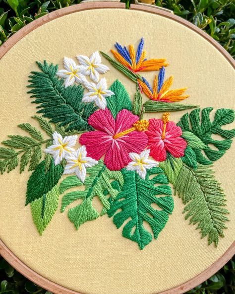 Happy Monday 🫶 let’s make it a great week 😤✨ here’s some tropical florals to help, you’re welcome!! Pattern is Tropical Bouquet, and is available in my shop 🌺 Hawaiian Flower Embroidery, Tropical Flowers Embroidery, Tropical Embroidery Design, Tropical Embroidery, Tropical Bouquet, Tropical Florals, Embroidered Leaves, Hawaiian Flowers, Hand Embroidery Design Patterns