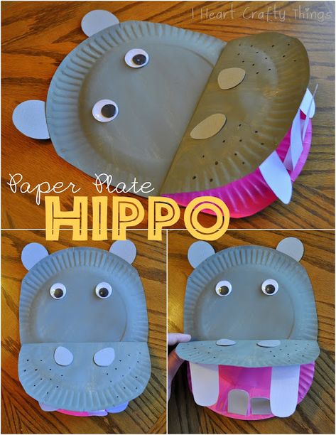 Paper Plate Hippopotamus via I Heart Crafty Things to go along with "The Hiccupotamus" Hippo Crafts, Kuda Nil, Jungle Crafts, Zoo Crafts, Paper Plate Animals, Paper Plate Crafts For Kids, Animal Crafts For Kids, Daycare Crafts, Paper Plate Crafts