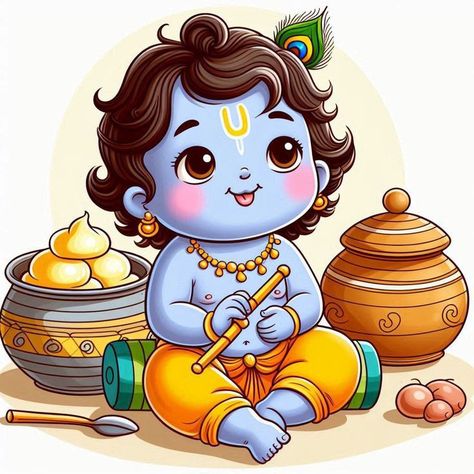 Krishna Ji Cute Images, Cute Krishna Illustration, Krishna Ji Painting On Canvas, Krishna Baby Images, Janmashtami Drawing Ideas For School, Cute God Drawing, Cute Krishna Drawing Easy, Krishna Cute Drawing, Krishna Cartoon Images