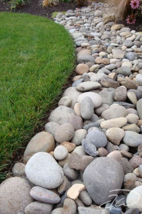 River Rock Bed Rock Garden Path, Decorative Rock Landscaping, Slope Landscaping, Rock Border, Landscaping Around House, River Rock Landscaping, Rock Landscaping, Desain Lanskap, Rock Garden Landscaping