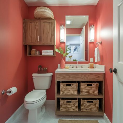 21 Small Bathroom Color Ideas – The DIY Desire Salmon Bathroom Walls, Salmon Color Bathroom, Paint Bathroom Walls, Salmon Bathroom, Small Bathroom Color Ideas, Bathroom Color Ideas, Teal Towels, Small Bathroom Colors, Bathroom Transformation