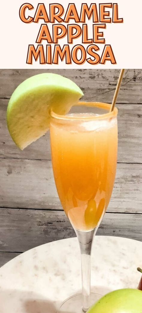 caramel apple mimosa Cinnamon Apple Cider Mimosa, Caramel Apple Cider Mimosa, Wine Mimosa Recipe, Caramel Apple Mimosa Recipe, Apple Juice Mimosa, Fall Mimosa Bar Ideas Brunch Party, Fall Drinks With Champagne, Carmel Apple Mimosas Recipe, Bellinis And Mimosas