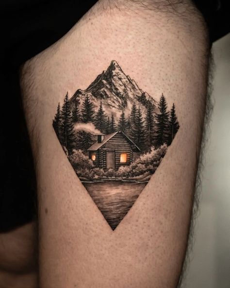 Toronto Nature, Cabin Tattoo, Reflection Tattoo, Moutain Tattoos, Small Fish Tattoos, Wilderness Tattoo, Outdoor Tattoo, Travel Tattoo Ideas, Nature Tattoo Ideas