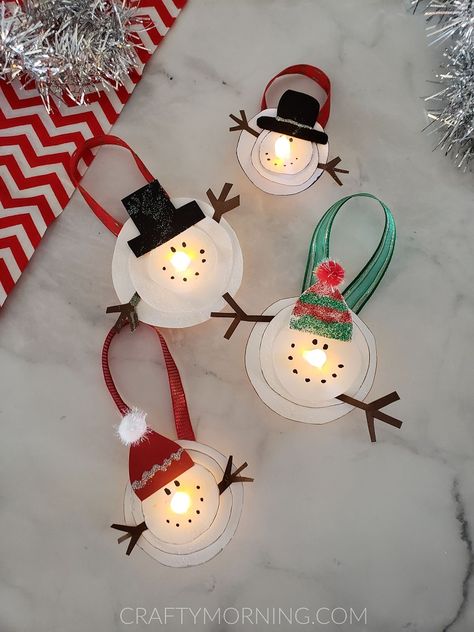 Melted Snowman Tea Light Ornaments - Crafty Morning Snowman Tree Ornaments Diy, Tea Light Snowman Ornament, Tea Light Ornaments Diy, Crafty Morning Crafts, Christmas Tea Lights Crafts, Snowman Projects For Kids, Kid Holiday Crafts, Snowman Ornaments For Kids To Make, Melting Snowman Craft