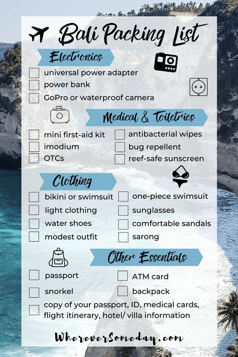 What to pack for a trip to Bali | This packing list covers all the essentials that should be in your bag when you pack for Bali! PLUS a few things you definitely should NOT pack for Bali. #Balipackinglist #whattopackforBali #Bali #Balitraveltips #BaliIndonesia #Balitravel #Balivacation Bali Travel Packing List, Moving To Bali, Bali Packing List Woman, Bali Indonesia Outfit Ideas, Outfits For Bali, What To Wear In Bali, Bali 2023, Bali Packing List, Bali Outfits