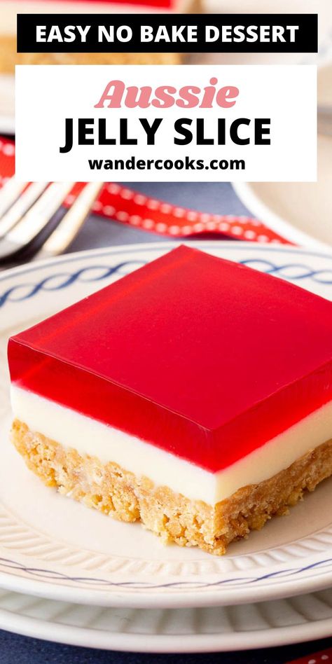 Jelly slice is a sweet and stunning treat for parties and gatherings, guaranteed to disappear the instant it hits the table! This super easy jelly slice recipe features the iconic three layers – biscuit base, condensed milk and red jelly – and only 7 ingredients. Jelly Party Ideas, Cake With Jelly Layer, Jelly Tarts Recipes, Condensed Milk Slice, Jelly Slice Recipe, Easy Slices Recipes, Easy Slice Recipes, Recipes With Jelly, Jelly Dessert Recipes