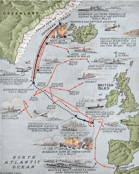 Sinking the Bismarck – Map of the last voyage of the Bismarck, May 1941. Military History Monthly Battle Maps. Sink The Bismarck, Wwii Maps, Perang Dunia Ii, Naval History, Rms Titanic, Old Map, British History, Navy Ships, Historical Maps