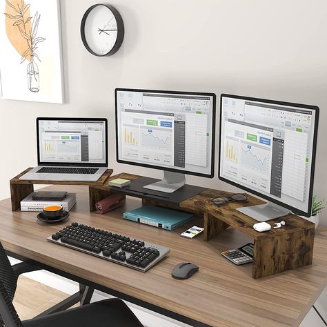 Desk With Dual Monitors, Dual Monitor Desk Setup Aesthetic, 3 Screen Desk Setup, Home Office Laptop And Monitor, Multiple Monitor Desk Setup, Multi Monitor Desk Setup Home Office, Desk For Two Monitors, Desk With 3 Monitors, Desk 2 Monitors