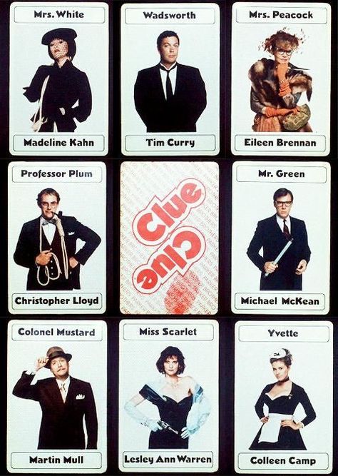 The characters of Clue. I love everything about this movie, and one of my favorite things is how they set up the end credits to look like the cards from the actual game. It's the little details that really make this movie so exciting and so much fun.: Clue On Stage, Clue Costume, Clue Movie, Madeline Kahn, Michael Mckean, Colleen Camp, Clue Party, Clue Games, Dave Bautista