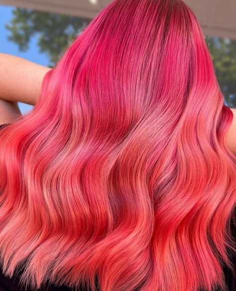 Ombre envy with @stevievincentstudios 🍑 Create this look from home with DROP IT Hot Pink and Peach💖 Flamingo Hair Color, Hot Pink Hair, Semi Permanent Hair Dye, Diy Hair Color, Multi Colored Hair, Permanent Hair Dye, Trendy Hair Color, Colorful Hair, Colored Hair