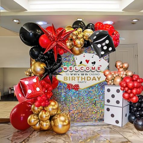 Vegas Theme Party Centerpieces, Casino Theme Party Balloons, Backyard Casino Party Night, 60th Birthday Casino Theme, Vegas Balloon Arch, Casino Theme Balloon Garland, Casino Party Ideas Decoration, Casino Christmas Party, Las Vegas Birthday Theme