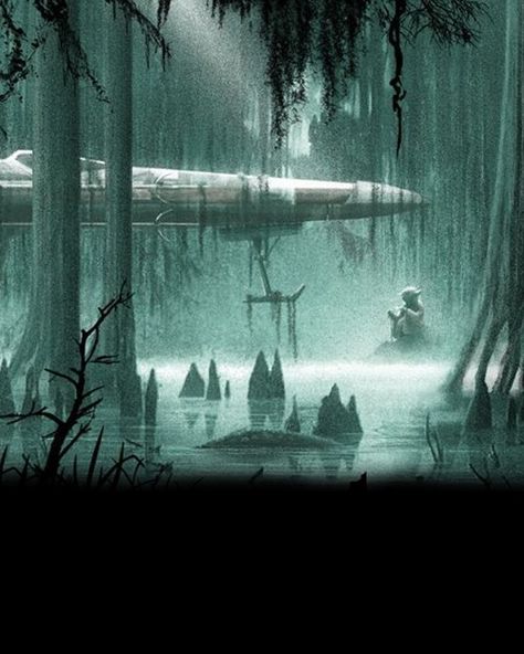 EMPIRE STRIKES BACK Dagobah Poster by JC Richard Star Wars Scenery Aesthetic, Starwars Green Aesthetic, Star Wars Nostalgia, Star Wars Medium Widget, Star Wars Widget Ideas, Dagobah Aesthetic, Star Wars Green Wallpaper, Star Wars Dark Aesthetic, Star Wars Playlist Cover