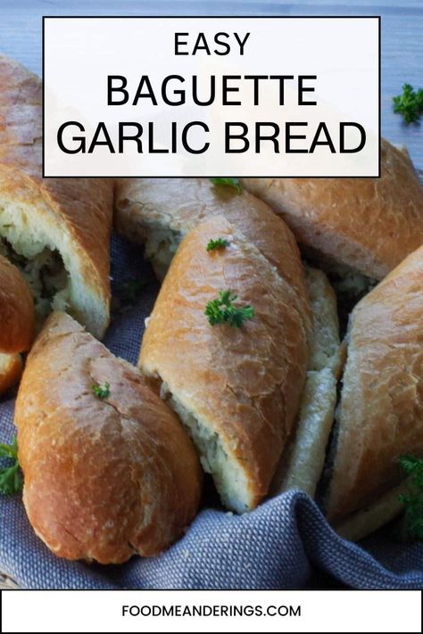 This Garlic bread (from baguette) is quick and easy and tastes so much better than store-bought. You only need a few ingredients and it's the ideal side dish for so many recipes including pasta, soups, stews, and salads! Baguette Garlic Bread, Easy Baguette, Garlic Bread Baguette, Pasta Soups, Bread Baguette, Savory Bread Recipe, Baked Breads, Babka Recipe, Sides Dishes