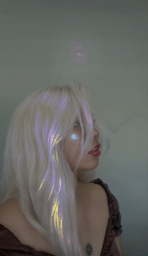 Pearlescent hair Moonstone Hair Color, Opalescent Aesthetic, Rainbow Hair Aesthetic, Opalescent Hair, Pearl Hair Color, Opal Hair Color, Pearlescent Hair, Hair Claim, Siren Hair