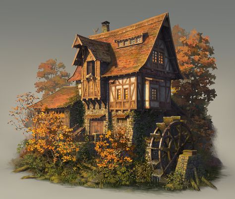 Water Mill, Yusuf Artun on ArtStation at https://www.artstation.com/artwork/EL4Bo4 Watermill Concept Art, Concept Art Minecraft, Medieval Watermill, Halfling House, Fantasy House Concept, Concept Art House, Buildings Artwork, Medieval Buildings, Medieval House