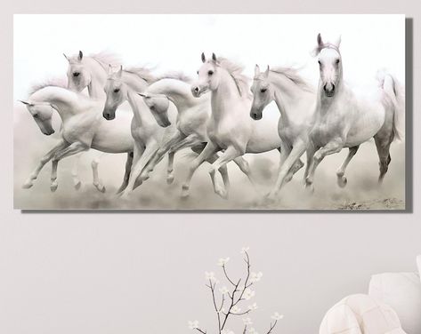 Buy 7 Running White Horses Framed Canvas Wall Art 7 Running Online in India - Etsy White Running Horse, 7 Running Horses, 7 Horses Running Painting, Horses Running Painting, Running Painting, 7 Horses, Horses Wall Art, Horse Wall Art Canvases, Horses Running