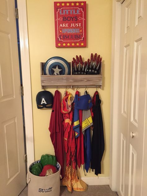 Superhero Dress Up Station, Costume Area Playroom, Superhero Costume Storage, Superhero Playroom, Fox Bedroom, Dress Up Corner, Superhero Dress Up, Dress Up Area, Home Daycare Ideas