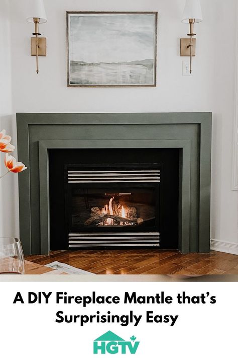 Green fireplace mantle Diy Mantle Surround, Fireplace No Mantle, Fireplace Photoshoot, Easy Diy Fireplace, Fireplace Surround Diy, Fireplace Facelift, Diy Fireplace Mantle, Diy Fireplace Mantel, Minimalist Fireplace