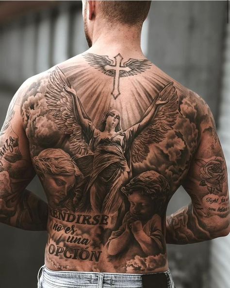 Back Mural Tattoos Men, Old English Back Tattoo, Top Back Tattoo Men, Men Tattoo Ideas Back, Back Tattoo Men Full, Full Back Piece Tattoo Men, Big Back Tattoo For Men, Back Portrait Tattoo, Full Back Tattoo For Men Ideas