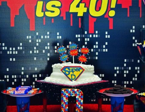 Superhero / Birthday "Super D's Glamorous 40th Birthday" | Catch My Party 50th Birthday Games, Villain Party, 40th Birthday Party Themes, Superhero Birthday Party Ideas, Super Hero Birthday Party, Hero Birthday Party, 40th Birthday Themes, Superman Birthday Party, Superman Party