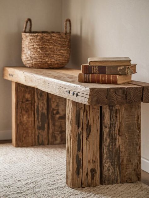 Entryway Wooden Bench, Diy Rustic Bench Entryway, Live Edge Bench Entryway, Rustic Bench Entryway, Rustic Entry Bench, Storage Bench With Baskets, Entryway Bench Ideas, Live Edge Bench, Painted Benches