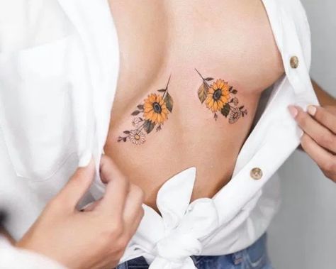 Sternum Tattoos, Underboob Tattoo Designs, Ink Therapy, Cool Wrist Tattoos, Sunflowers And Daisies, Wrist Tattoos For Guys, Cool Chest Tattoos, Chest Tattoos For Women, Sunflower Tattoos