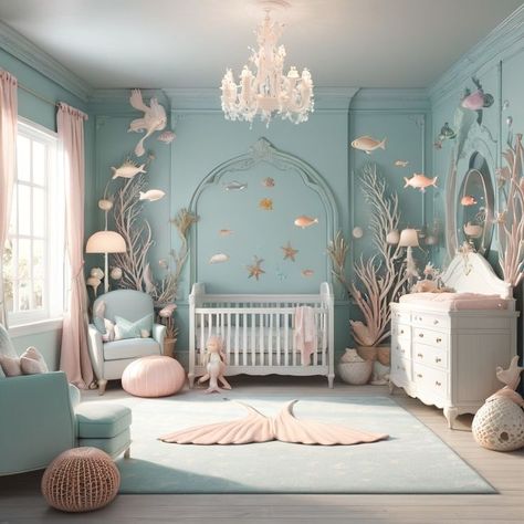 Whimsical Ocean Nursery, Mermaid Nursery Ideas, Pink Under The Sea Nursery, Nursery Room Inspiration Ocean, Underwater Nursery Theme Girl, Mermaid Inspired Room, Aquatic Themed Nursery, Girl Under The Sea Nursery, Under The Sea Girls Bedroom