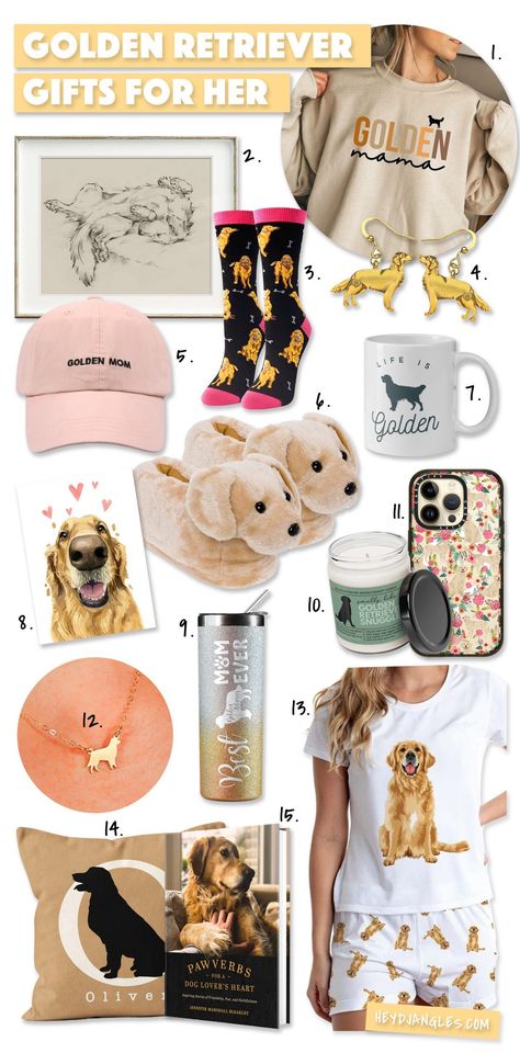 From Golden Retriever socks, slippers, and sweatshirts to jewelry, cards, caps, and candles, check out 15 gorgeous Golden Retriever gifts for her, right here! #giftguide #goldenretriever #doglover Golden Retriever Valentines Day, Golden Retriever Gifts Ideas, Golden Retriever Accessories, Golden Retriever Decor, Puppy List, Golden Retriever Owner, Golden Retriever Art, Golden Retriever Shirt, Golden Retriever Gifts