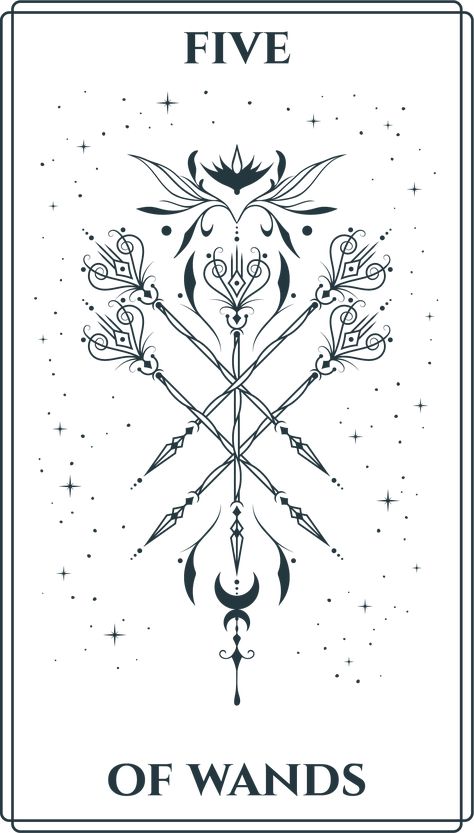 Read the Five of Wands tarot meaning in depth at backyardbanshee.com Five Wands Tarot Meaning, Five Of Wands Tarot, 5 Of Wands Tarot Meaning, 3 Of Wands, Five Of Wands, Rod And Staff, Wands Tarot, Tarot Meanings, 7 Deadly Sins