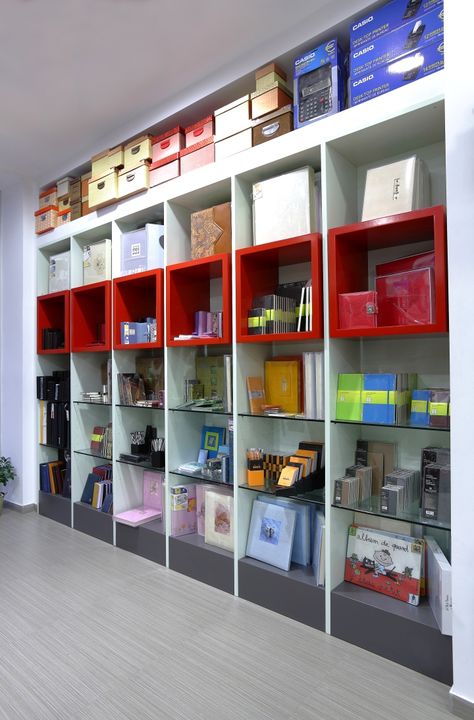 Kyvos Stationery Shop by Lefteris Tsikandilakis, Heraklion – Greece » Retail Design Blog Hannover, Computer Shop Design, Shelf Design For Shop, Electric Shop Design, Stationary Shop Design, Computer Shop Interior Design, Stationery Shop Interior Design, Stationary Shop Interior, Company Office Ideas