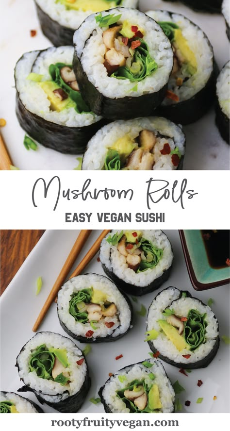 This fishless vegan sushi recipe is easy to make and super flavorful. Even beginner chefs can make these delicious plant based Mushroom Sushi Rolls loaded with shiitake mushrooms, avocado, lettuce, and green onion. Learn how to roll your own sushi with a step by step photo guide that makes it easy to eat healthy vegan sushi anytime. This vegan recipe is great for a easy but fancy dinner. Give it a try! #howtosushi #mushrooms #meatlessmeals #veganrecipe #plantbased #vegetarian #glutenfree Vegetarian Sushi Rolls Recipe, Vegan Sushi Rolls Recipes, Best Vegan Sushi, Vegan Mushroom Sushi, Fishless Sushi, Vegan Sushi Recipes, Sushi Recipes Vegetarian, Mushroom Sushi, Mushroom Sushi Roll