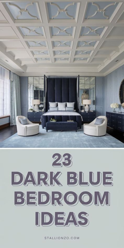 This contains an image of: Dark Blue Bedroom Ideas with a chic and glamorous touch. Dark Blue Bedroom Ideas, Dark Blue Curtains, Dark Blue Rooms, Dark Blue Bedroom, Blue Bedrooms, Blue Nightstands, Blue Bedroom Ideas, Dark Blue Bedrooms, Blue Bedroom Design