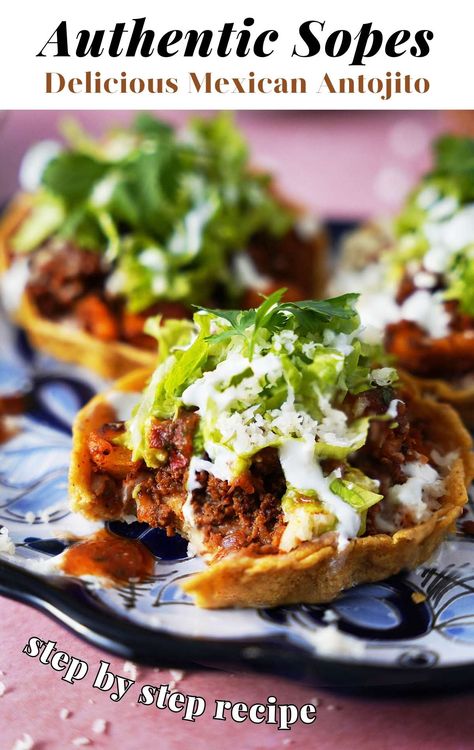 Learn how to make Mexican Sopes with a slight crunch on the outside and a soft texture on the inside. Add your favorite toppings to make a complete delicious meal. Mexican Sopes Recipe, Mexican Dishes Authentic Mexico, Sopes Mexican Recipe, Sopes Mexican, Mexican Recipes Authentic, How To Make Sopes, Maseca Recipes, Masa Cakes, Assorted Breads